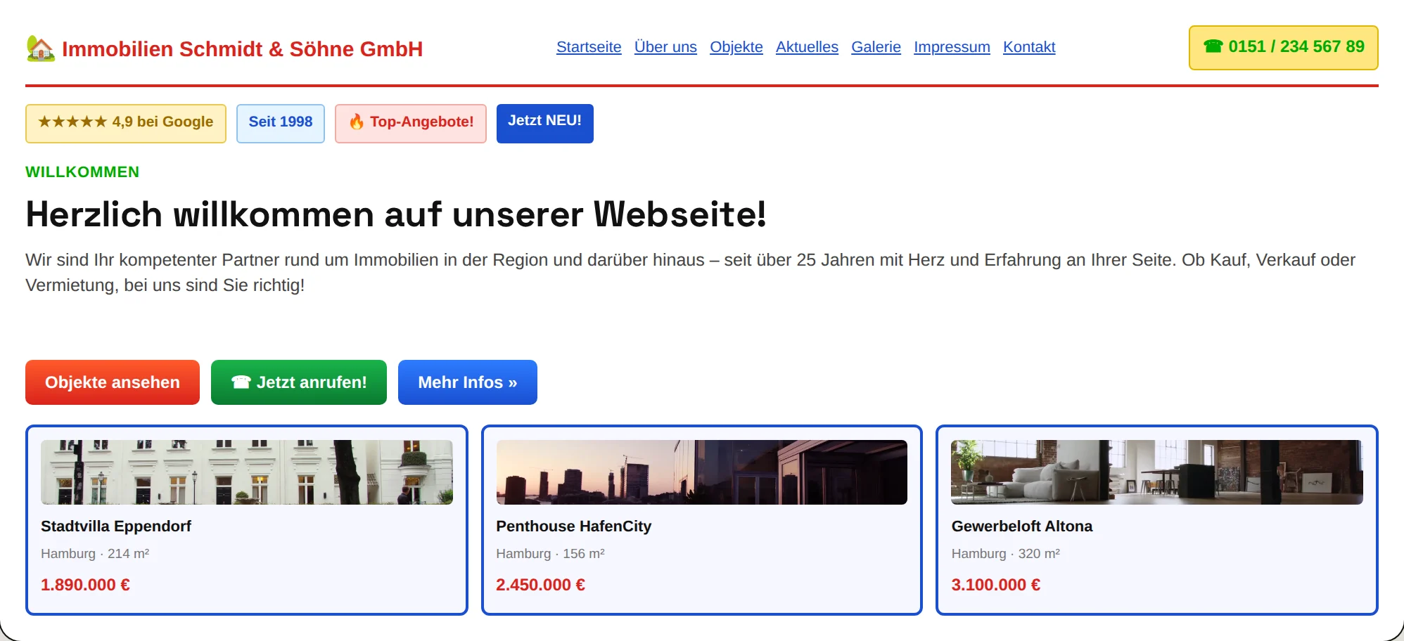 Veraltete Website – vorher