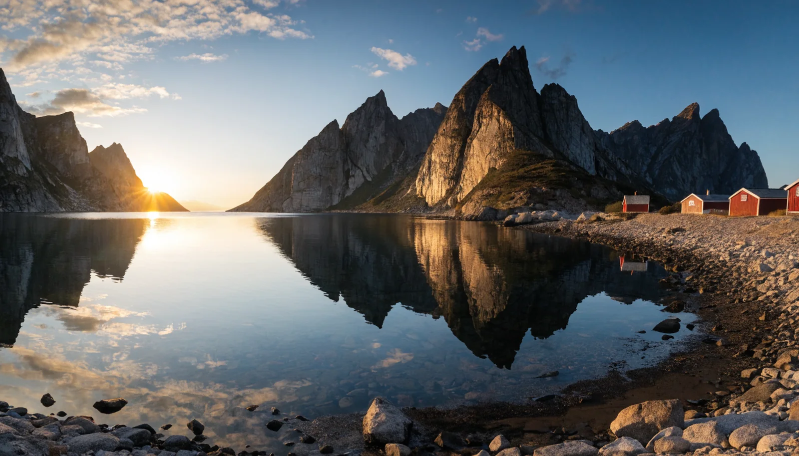 Lofoten-Fjord mit Gipfeln und roten Rorbuer im Licht der Mitternachtssonne